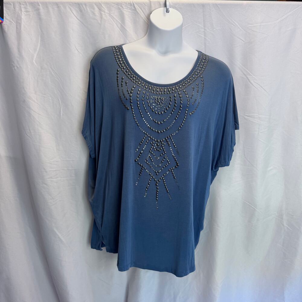 Haute Hippie Tribe Blue Studded Short Sleeve Top XL Modal Stretch Embellished